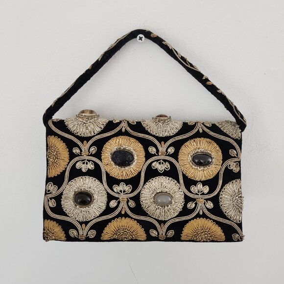 Vintage Evening Bag Jewel Beaded Black Ember Stones Embroidered 60\'s Clutch
